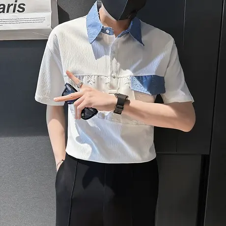 夏季男士时尚潮流新款2023修身短袖衬衫雅痞工装中袖潮牌白衬衣商品大图