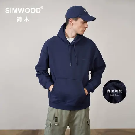 Simwood简木男装【宽松版型】冬新款内里抓绒印花章仔连帽卫衣男图片