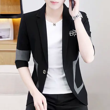 夏季薄款七分袖西服男士潮流韩版刺绣单西上衣外套中袖帅气小西装商品大图