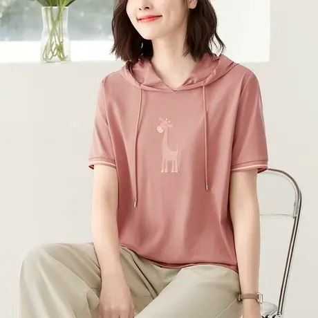 纯棉连帽短袖t恤女春夏季轻奢高级感大码女装宽松休闲半袖体恤衫商品大图