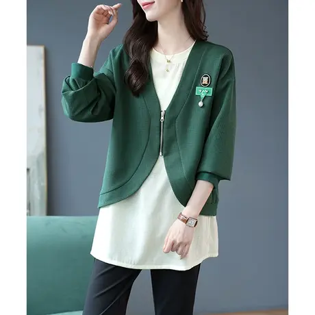 宝诗黎圆领假两件拼接宽松卫衣女2024春季新款设计感小众中长上衣商品大图