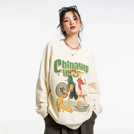 YEP杏色圆领卫衣女美式复古春秋季宽松长袖上衣小众设计感潮港味商品大图