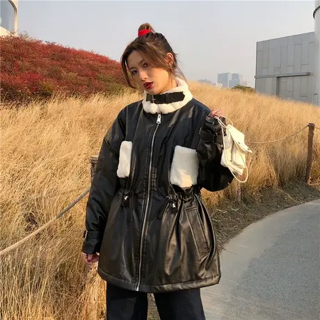 外套女冬夹克收腰宽松拼接中长款加绒加厚羊羔毛皮毛一体机车皮衣图片