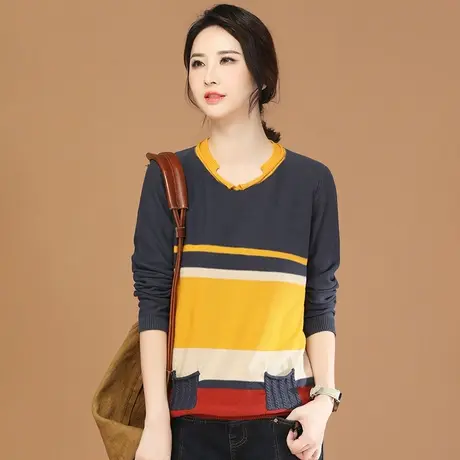 韩潮袭人韩版撞色条纹长袖针织衫女2023冬季新款圆领毛衣打底上衣商品大图
