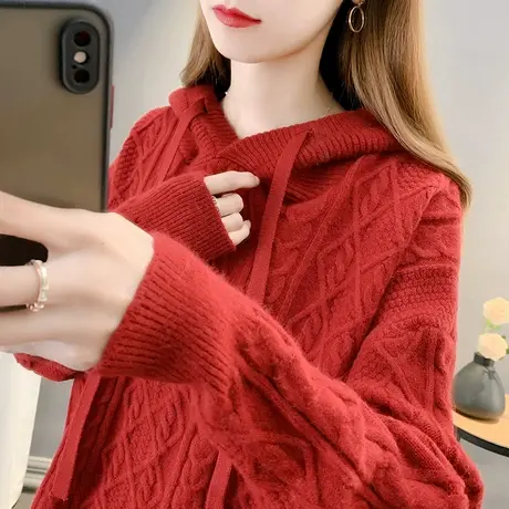 秋季2023新款女装毛衣新款纯色麻花连帽针织外穿卫衣女宽松慵懒风商品大图