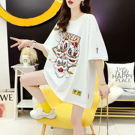 设计感正肩短袖T恤女2024新款夏季韩版宽松慵懒风中长款半袖体恤商品大图