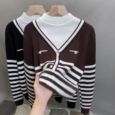 一体绒半高领毛衣女加绒加厚打底衫2023秋冬新款针织衫假两件上衣商品大图