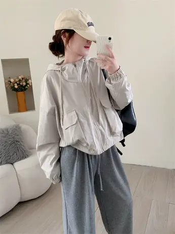 2023年秋冬新款韩版百搭休闲设计感原宿风口袋连帽工装外套女上衣商品大图