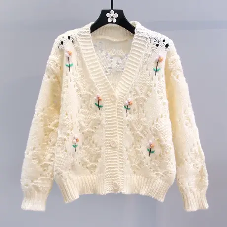 日系小清新刺绣镂空毛衣外套女秋冬2023新款宽松外搭薄款针织开衫商品大图