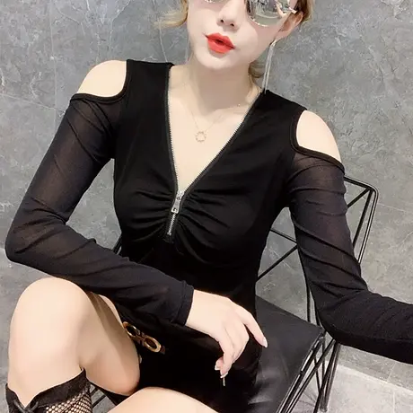 性感露肩气质女装2023春秋新款时尚拉链V领T恤女长袖百搭洋气上衣商品大图