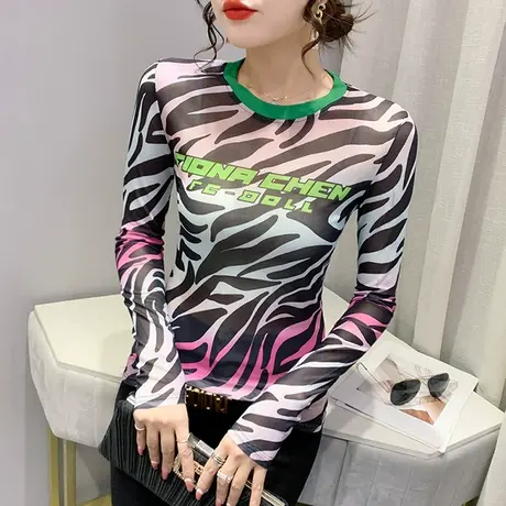 网红印花T恤女长袖2024春秋新款性感网纱透视上衣洋气欧货打底衫图片