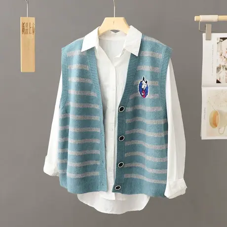 春秋条纹毛衣开衫背心针织马甲女2023新款外搭叠穿坎肩宽松上衣女图片