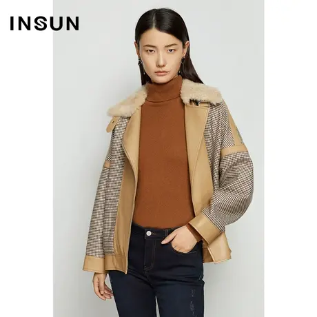INSUN恩裳线上专选冬季兔毛皮水貂毛千鸟格拼接皮草图片