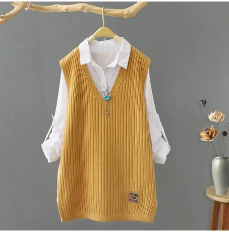 文艺范中长款纯色V领针织马夹女春秋新款毛背心外穿宽松坎肩女装图片