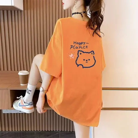 夏季女士纯棉中长款t恤短袖韩版宽松百搭设计感减龄洋气上衣体恤商品大图