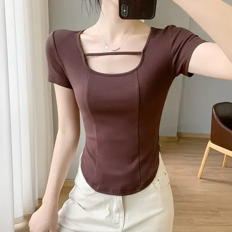纯欲不规则下摆短袖t恤女新款正肩设计感内搭修身显瘦短款上衣夏图片