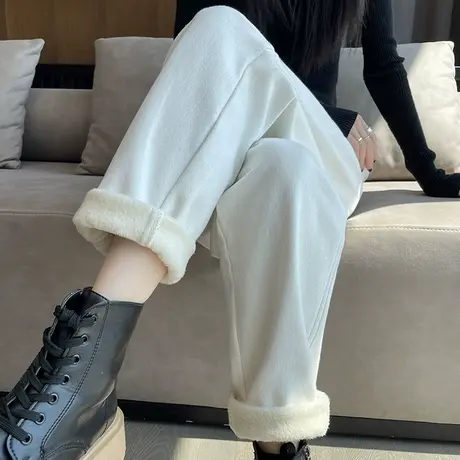 加绒牛仔裤女秋冬新款白色加厚高腰显瘦直筒宽松萝卜哈伦老爹裤子商品大图