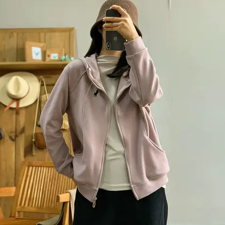 dza 复古宽松德绒短款连帽外套女2023冬新款纯色长袖上衣休闲卫衣图片