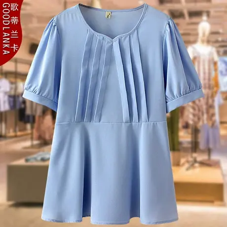 加肥加大码中年妈妈夏装雪纺衫上衣宽松显瘦时尚褶皱女士短袖T恤商品大图