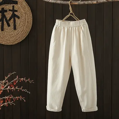 枫谜2023年春季新款全棉复古女士松紧腰显瘦休闲哈伦裤萝卜裤商品大图