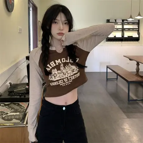 美式辣妹风T恤女秋季2024新款复古撞色修身显瘦短款打底长袖上衣商品大图