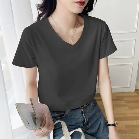V领纯色短袖t恤女夏装宽松ins潮牌简约半袖体恤纯棉独特设计上衣商品大图
