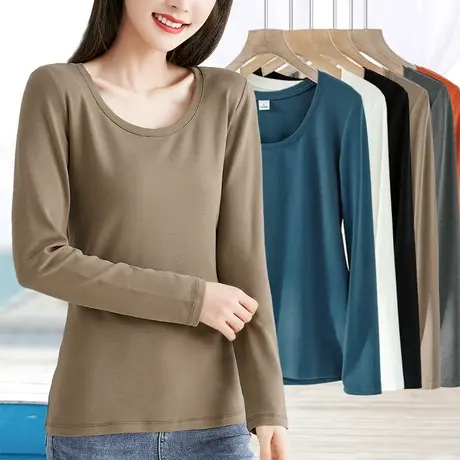 卡其色妈妈打底衫修身t恤女长袖高个子中老年秋衣秋冬低圆领内搭图片