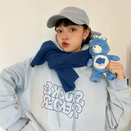 红续简约字母蓝色加绒加厚连帽卫衣女插肩袖上衣2023年秋冬新款图片