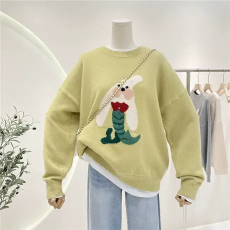 兔子提花套头毛衣女高级感软糯羊毛衫宽松显瘦厚款保暖针织衫上衣商品大图