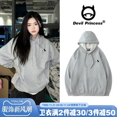 灰色连帽卫衣女宽松美式简约风2024秋冬新款ins潮牌加绒套头上衣商品大图