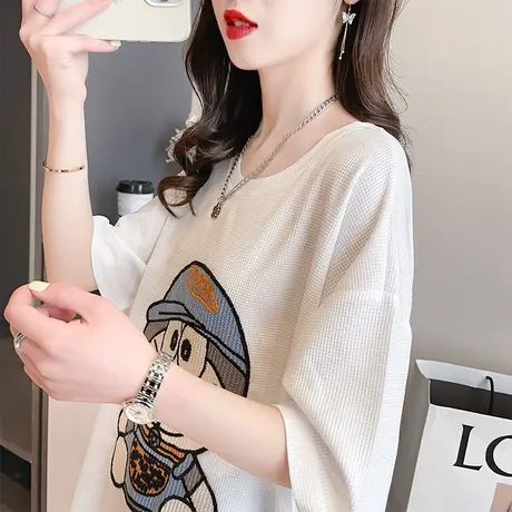 设计感小众华夫格短袖t恤女夏装韩版宽松大码中长款半袖上衣服潮商品大图