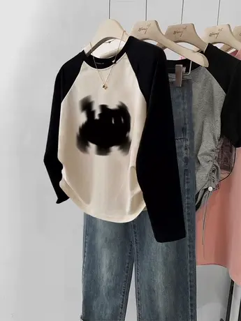 正肩女t恤修身短款显瘦长袖韩版chic插肩袖内搭打底衫ins潮上衣秋商品大图