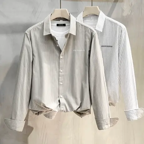 条纹衬衫男长袖商务休闲高级感男装衬衣男士春秋2024新款加绒加厚商品大图