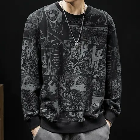 春秋季黑色印花卫衣男宽松大码加肥加大长袖2024新款圆领男士外套商品大图