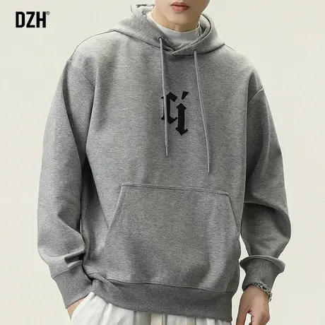 男士刺绣卫衣男连帽春秋潮牌灰色外套秋季上衣宽松男装2023年新款商品大图