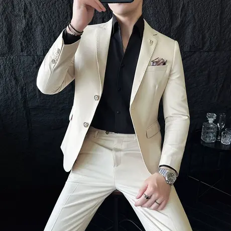 意式平驳领两粒扣双开衩西服男气质垂感外套休闲痞帅新郎结婚礼服图片