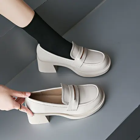 英伦风小皮鞋女2023新款百搭jk单鞋女一脚蹬皮鞋女款秋乐福高跟鞋图片