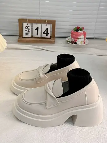 法式粗跟厚底乐福鞋女春秋季2023新款百搭白色英伦风高跟小皮鞋子商品大图