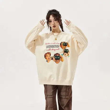 YEP美式街头圆领春秋卫衣女2024年新款复古宽松oversize上衣潮牌商品大图