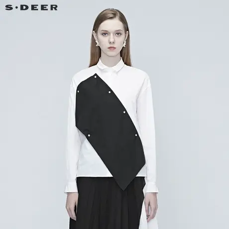 sdeer圣迪奥春装休闲黑色通勤可拆搭片长袖白色衬衫女S20380526图片