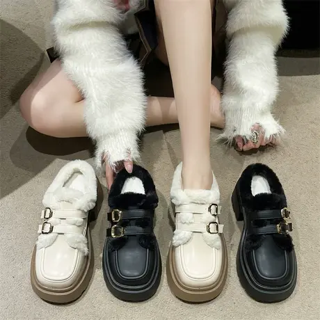 包头半拖鞋女外穿2023年秋冬季新款英伦风厚底毛毛鞋粗跟保暖棉鞋商品大图