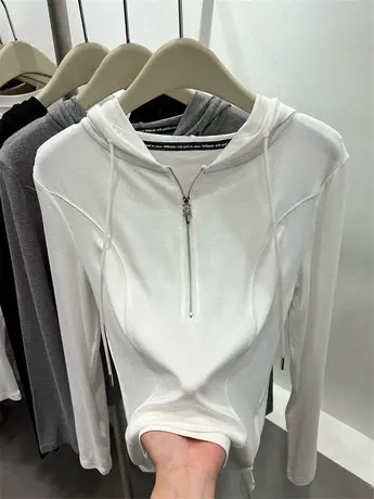 针织连帽衫拉链设计时髦T恤女2023秋季新款修身长袖打底外穿上衣商品大图