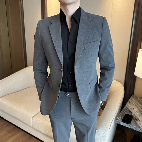 高级灰西服男春秋2025修身大码外套英伦风绅士职业装商务高档套西图片