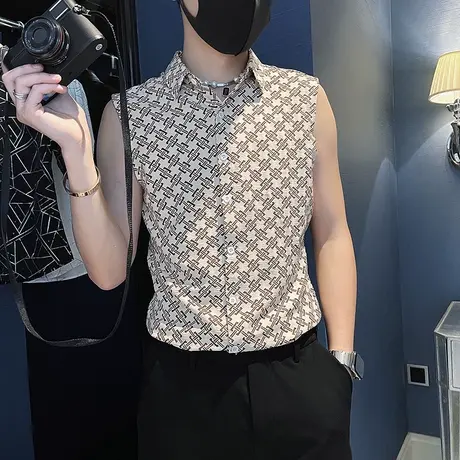 夏季韩版潮流休闲无袖衬衫2023新款格子拼接潮男夜店痞帅衬衣背心图片