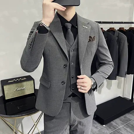 高级灰气质英伦风修身西服男秋冬加厚新郎结婚礼服商务大码职业装图片