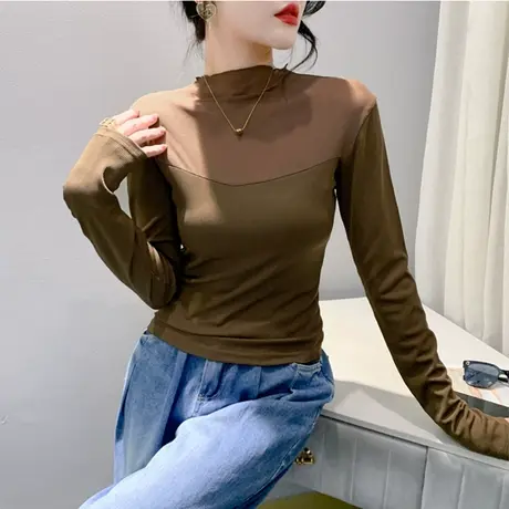 性感网纱半高领打底衫时尚拼接镂空气质上衣女修身内塔长袖T恤ins图片