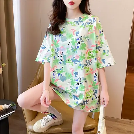 2024夏季新款韩版字母印花短袖t恤女大码女装宽松显瘦中长款上衣图片