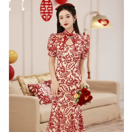 敬酒服新娘鱼尾旗袍蕾丝轻奢小众中式礼服女夏季小个子订婚连衣裙商品大图