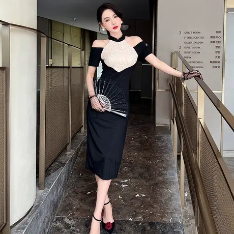 生日宴会露肩晚礼服平时可穿新款气质修身设计感拼接包臀连衣裙女商品大图