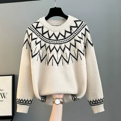 撞色圆领内搭针织毛衣女2024春季新款设计感小众打底加厚复古上衣商品大图